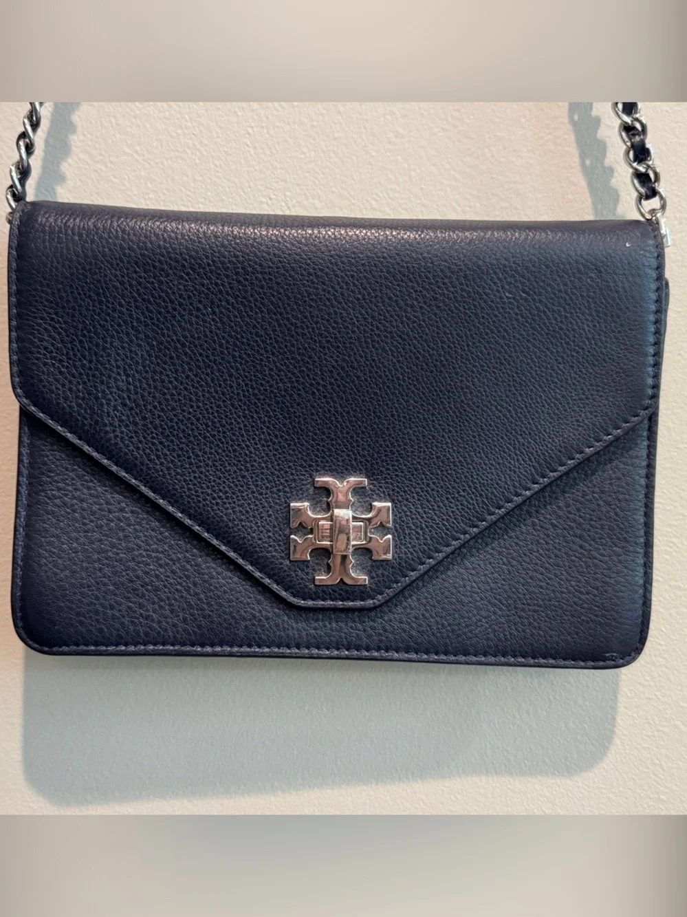 Tory Burch Navy Pebbled Leather Chain Crossbody with Logo